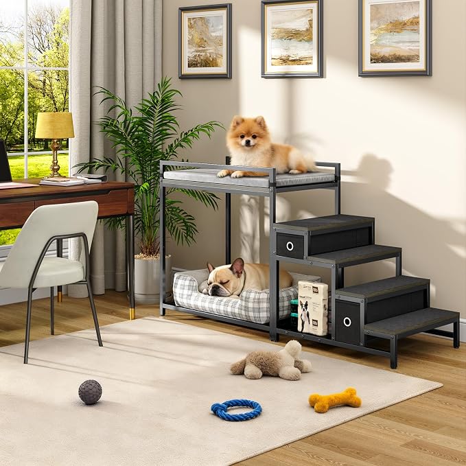 kepptory Pet Bunk Bed with Stairs and Storage, Dog Beds Attachment to Human Bed, Bedside Dogs Cot for Small, Medium Cats & Dogs, Pet Window Perch (Grey)