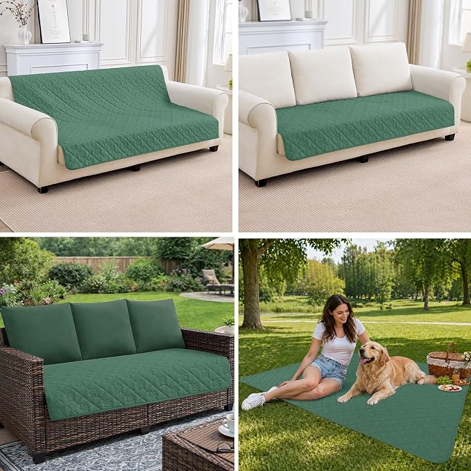 PAWFINITY Waterproof Couch Covers for Dogs, Pet Blanket for Sofa Washable | Paw Print Quilted, Hair Resistant, Anti Cat Scratch, Pee Proof Furniture Protector for 3 Seat Sofa and Bed, 30x80 Inch, Green