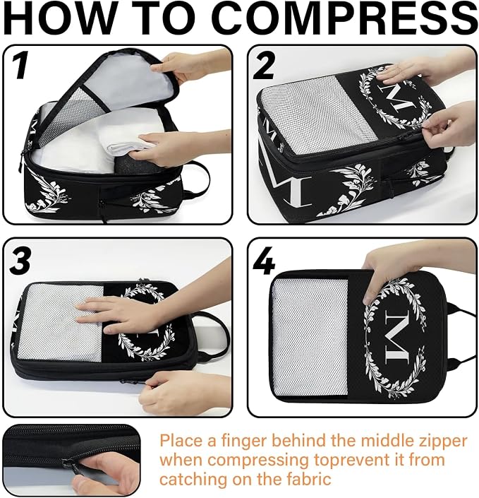 Letter M 6 Set Compression Packing Cubes Natural Floral Design Expandable Packing Organizer for Travel Accessories Luggage Suitcase Bag