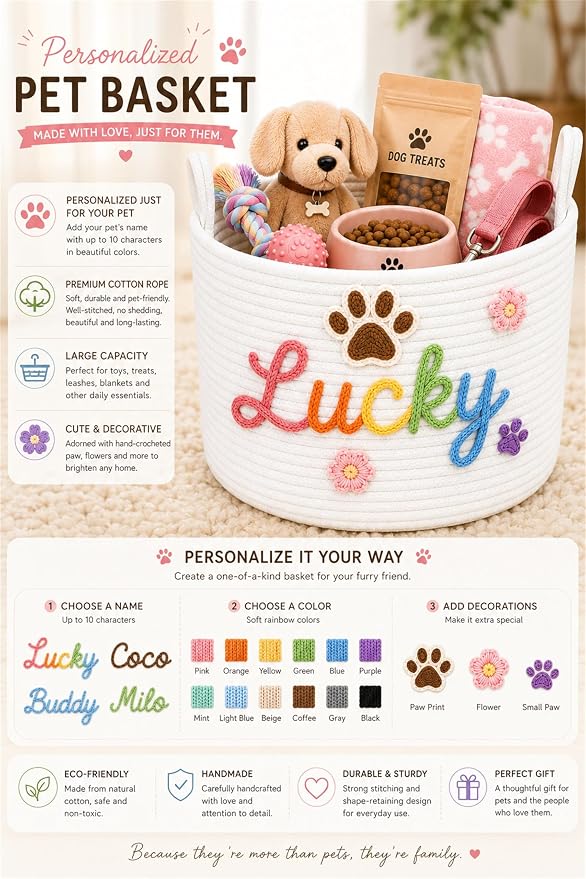 JUPPE Pet Dog Basket with Personalized Name, Dog Toys Storage Organizer Custom Cotton Rope Basket Nursery Decor (XL Basket)