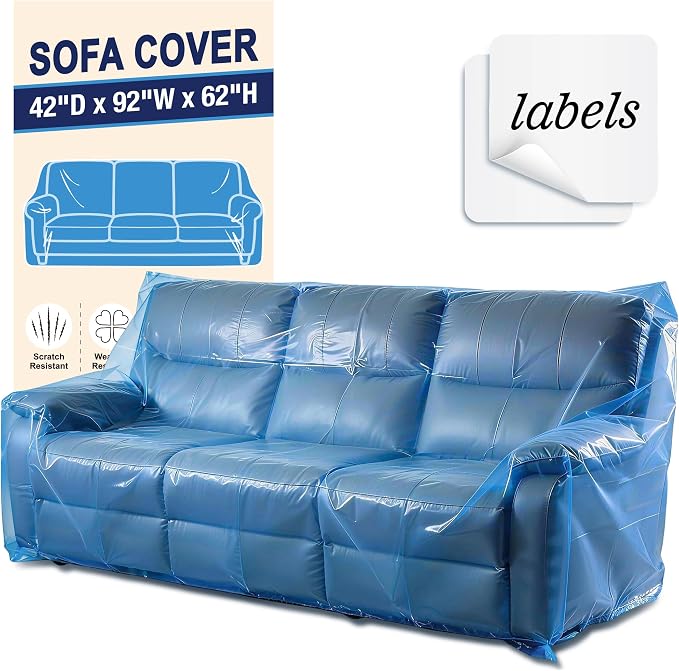 Extra Large Sofa Moving Cover for Storage Transportation | Sofa Couch Clear Plastic Moving Cover with Labels, Waterproof and Dust Proof, Bag Open Size 92x 62 x 42 Inch, Blue