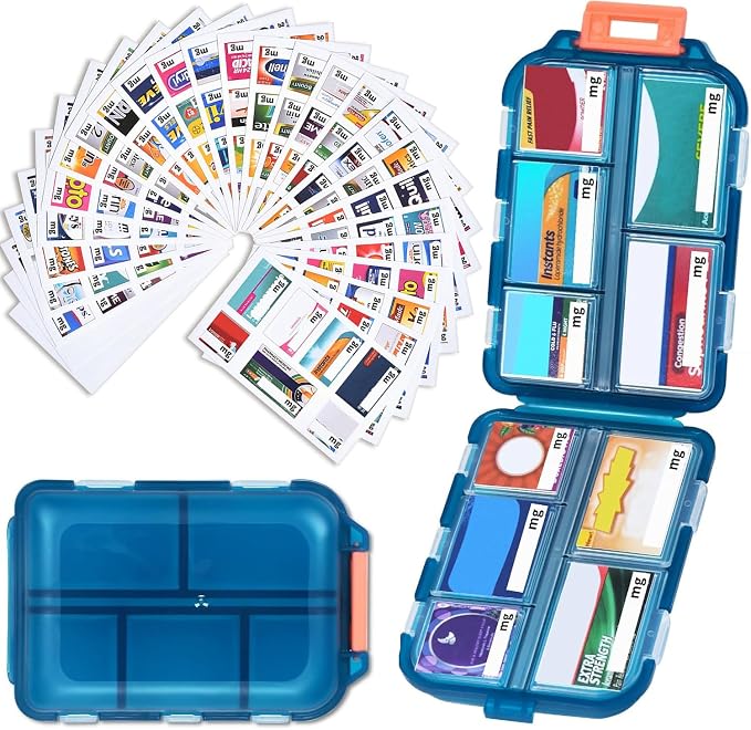 Travel Pill Organizer with 189 Medicine Labels, 10 Compartments Small Pill Case Compact and Portable Travel Pill Box for Airplane Car Purse Nurse Vacation Essentials (Green, 1 Pack)
