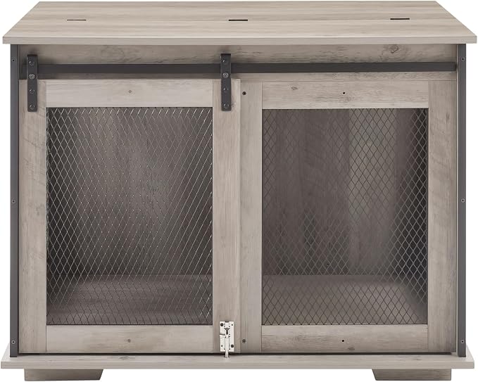 28" H Farmhouse Style Wooden Dog Crate with Sliding Barn Door - Functional End Table Dog Kennel for Small, Medium and Large Dogs, Featuring Flip-top Plate and Detachable Divider (Gray wash)