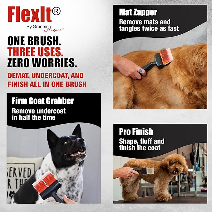 FlexIt Home - Flexible Slicker Brush for Dogs - Dog Grooming Brush for Poodles, Golden Doodles, Huskies, Retrievers, and Labradoodles - Professional 3-in-1 System & Video Trainings (Single, Soft Flex)