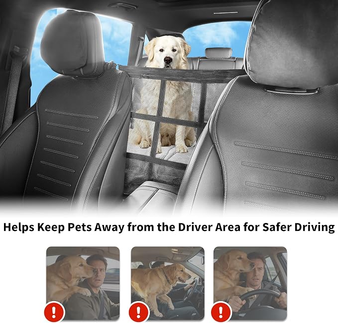 Dog Car Net Barrier Double Layer Mesh with Zipper Organizer Storage | Cars Seat Divider for Pet with Adjusting Rope and Hook Breathable Dogs Travel Accessory Universal Fit for SUV Sedan Truck