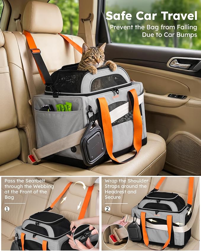 Pecute Cat Carrier,Top Expandable Dog Crate for Travel, Grey