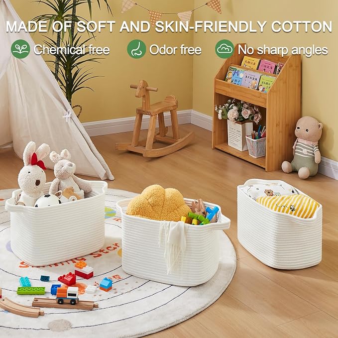 OIASKET Storage Basket for Organizing, Woven Baskets for Storage, Rectangle Decorative Baskets for Shleves, Closet, Toys, Books, Nursery Organizer Bins - Pack of 3 (White, 13"x9.85"x8.7")