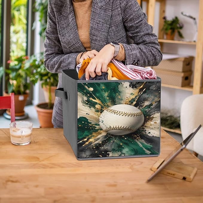 Baseball Art Abstract Splash Design Storage Bin with Handles, Oxford Fabric Foldable Storage Cube Organizer for Clothes, Towels, Bedroom, Living Room, Home Organization