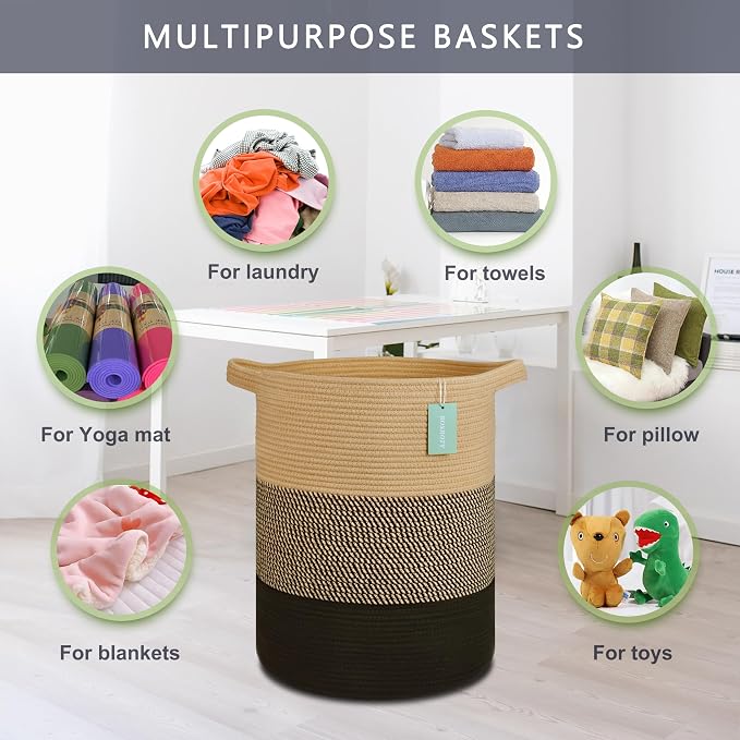 Cotton Rope Blanket Basket, 72L Tall Laundry Hamper, Brown & Black