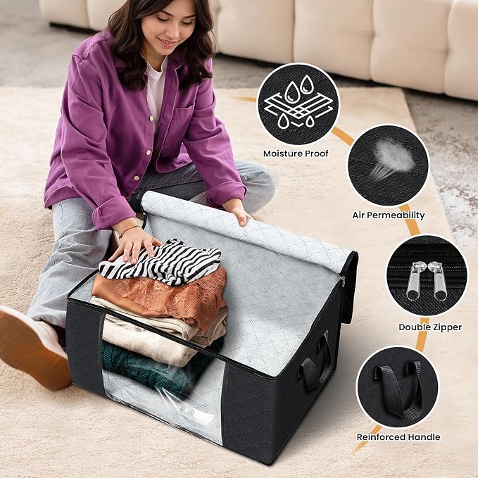 8 Pack Storage Bags for Clothes Blanket Storage Bins with Lids | Foldable Closet Organizers with Zippers,Window and Handles,Fabric Storage Bins for Sweater,Comforter,Bedding,Dorm essentials