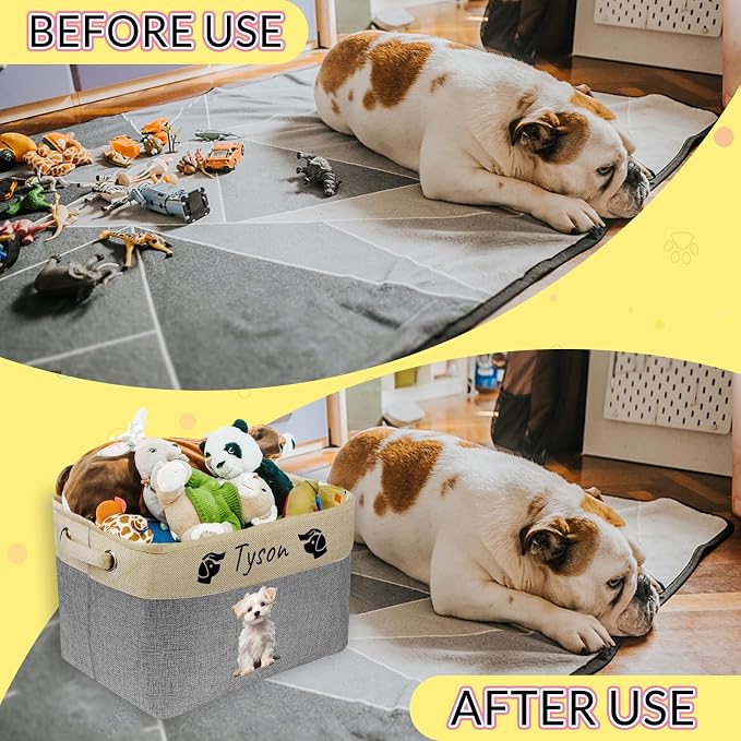 Personalized Dog Toy Storage Basket with Photo Name | Custom Dog Food Organizer Fabric Bins for Clothes Blankets Dolls-Brown