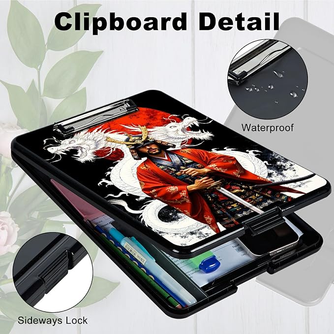 Heavy Duty Storage Clipboard, Slim Nursing Clipboard with Internal Pen Case, Portable File Organizer Case for A4 Letter Size Paper Office Medical Professionals, Warrior Dragon Sunset