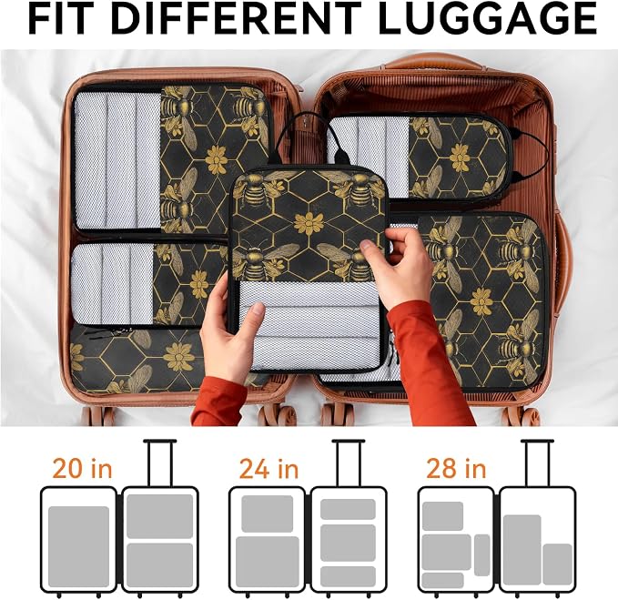 TropicalLife Vintage Bee Honeycomb 6 Set Compression Packing Cubes | Golden Flower Travel Accessories Expandable Packing Organizers Space Saver Bags for Organizing Clothes