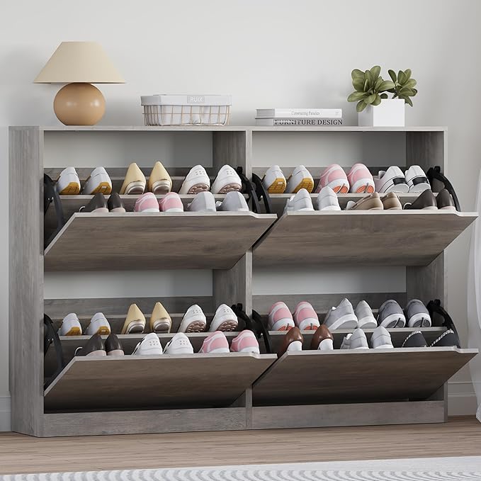 BORNOON Shoe Cabinet with 4 Flip Drawers, Narrow Hidden Shoe Storage Cabinet, Slim Freestanding Shoe Rack Organizer for Entryway, Hallway, Bedroom, Living Room
