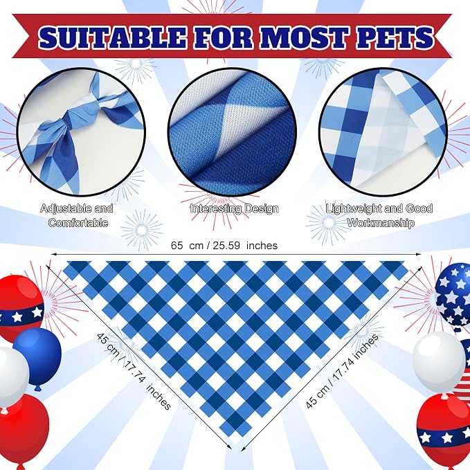 Abbylike 50 Pcs Patriotic Dog Bandanas Bulk, Red White & Blue Plaid