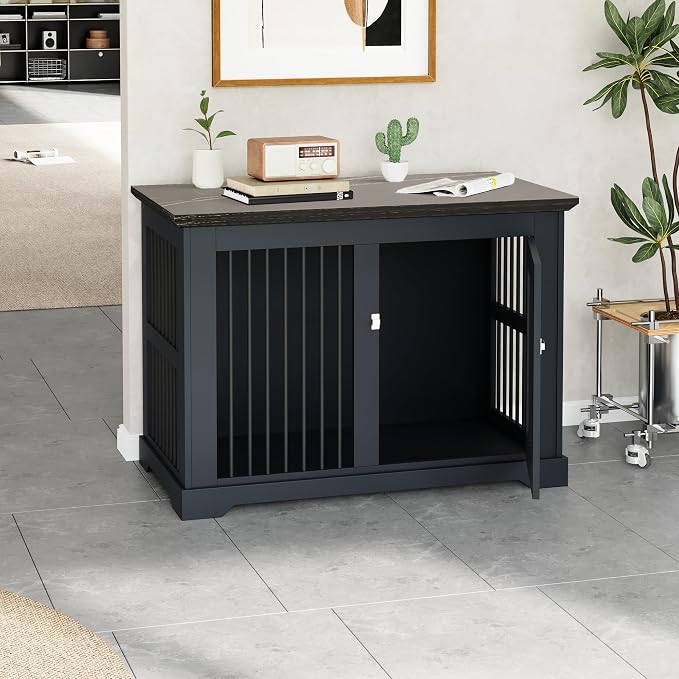 44" Wooden Dog Crate Furniture,Large Kennel Pet Cage End Table for Indoor | for XXL XL Medium Dogs, Grey and Black, Fits Living Room Bedroom, Heavy Duty Steel Frame with Lock 100 lbs Cap, 100 lbs Top.