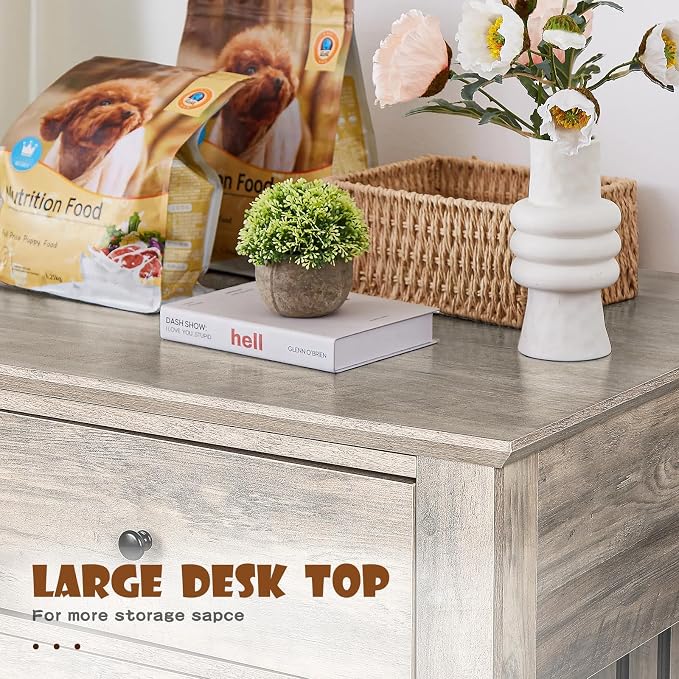 LEMBERI 44-inch Wooden Dog Crate with 2 Storage Drawers, End Table, Grey | Indoor wooden dog kennel with decorative finish. Also use as pet cage, dog house, or side table. Sturdy for large breeds