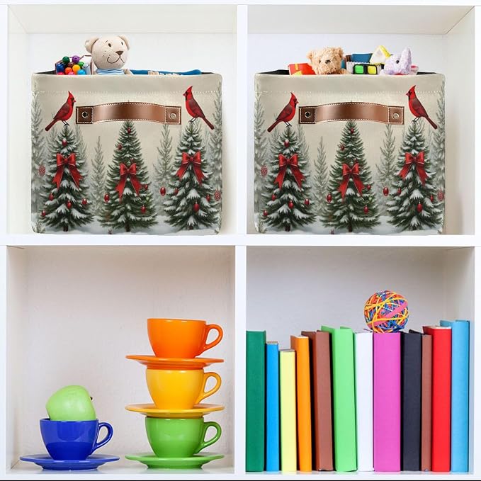 Christmas Tree Cardinals Birds Storage Basket with Waterproof Liner and PU Handles Winter Xmas Tree Bow Storage Bins Boxes 14.2" Collapsible Decorative Organizer Baskets for Bedroom Office 1 Pack
