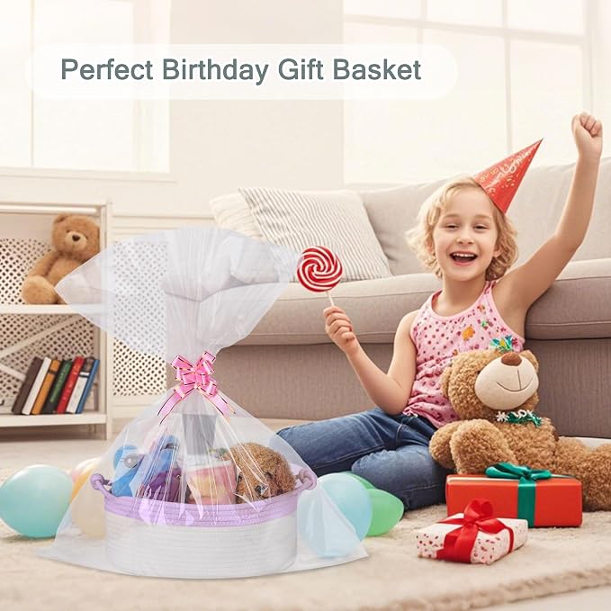 COMSE Small Gift Basket Empty with Bag & Ribbons, Purple & White | Cotton Rope, 12"x 8"x 5", Pet Toy Storage Organizer, Woven Basket for Birthdays, Baby Showers, Mother’s Day, Valentine’s Day