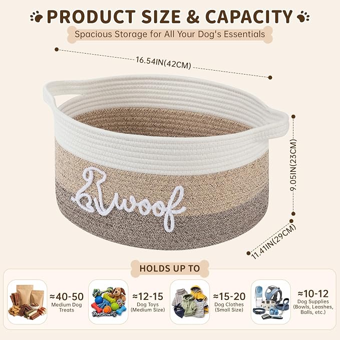 OIAHOMY 22L Large Dog Toy Basket, 16.5"x11.4"x9" Cotton Rope Basket with Cute Woof Embroidery, Soft Woven Pet Toy Box with Handles for Blankets, Leashes & Puppy Accessories, Decorative Organizer Brown