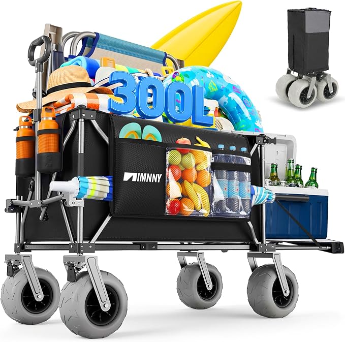 Heavy Duty Beach Wagon with 58" Expandable Tailgate, 300L, for Sand | 500 lbs Capacity, 9"x4" All-Terrain PU Wheels with Brakes, Quick Fold Utility Wagon for Camping, Sports & Grocery