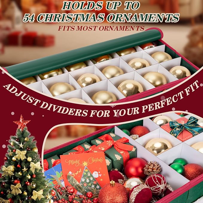 Christmas Ornament Storage Box with Adjustable Dividers Zippered Top Stores up to 54 Holiday Ornaments (4 Inch) Xmas Ball Decorations Organizer Storage Container Bin