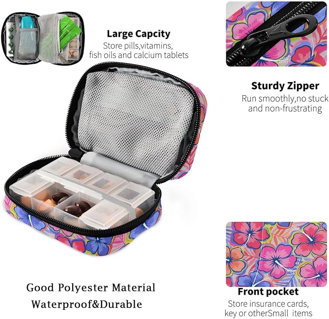 Fustylead Colorful Summer Hibiscus Flower with Palm Leaf Pill Organizer and Storage Weekly with Zipper, Removable Pill Box Portable Medicine Organizer for Vitamin Fish Oil Supplement