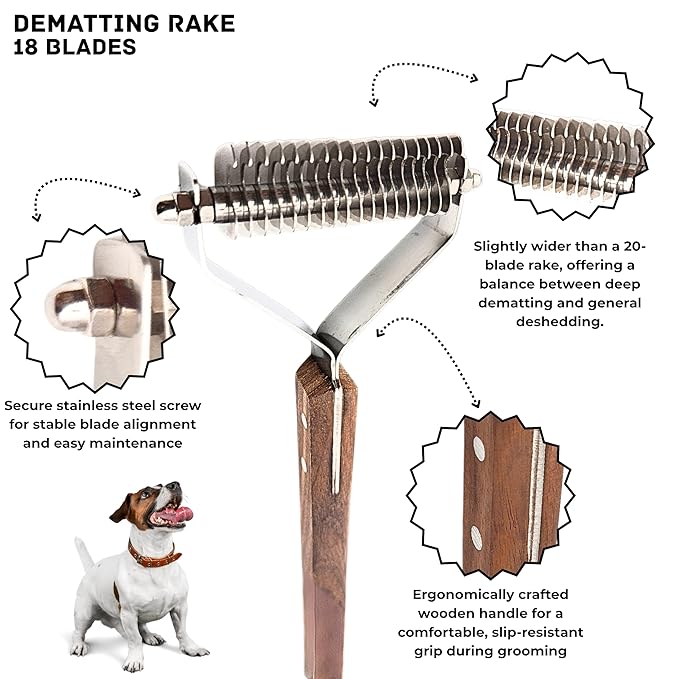 Undercoat Dematting Rake for Dogs & Cats – Grooming Tool with Stainless Steel Teeth & Wood Handle – Undercoat Remover for Thick & Matted Pet Fur (18 Blades)