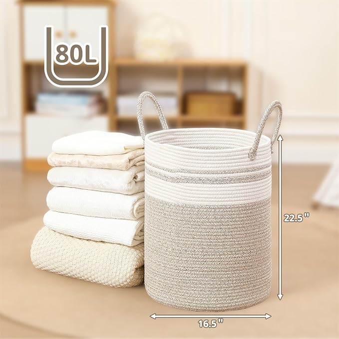 80L Large Woven Laundry Basket Hamper, 100% Natural Cotton Rope, Handwoven & Durable, Storage for Blankets, Toys, Clothes, Nursery Hamper for Living Room, Baby Room, Bedroom (Brown with White)