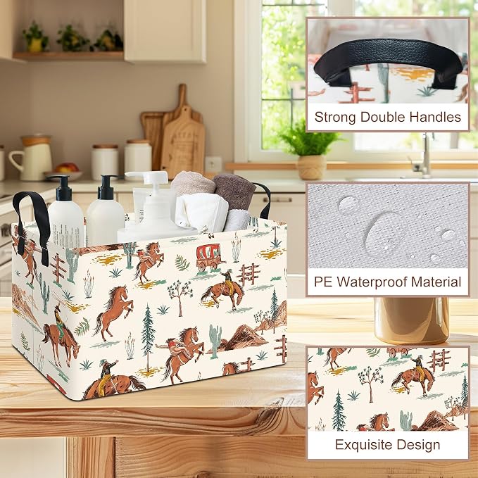 Western Cowboy Fabric Rectangular Nursery Storage Bin | Gifts Bag for Books,Clothes,Gifts,Pets-Perfect for Home,Office,Nursery,Dorm,Shelf