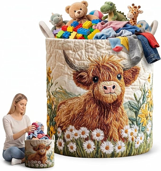 Floral Highland Cow Clothes Hamper Quilted Decorative Bin Large Fabric Laundry Basket for Kids Room Bedroom(20" x 28")