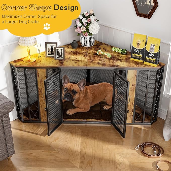 Spacesea Extra Large Corner Dog Crate Furniture, Heavy Duty Indoor Dog Kennel, End Table & TV Stand in 1, Chew-Proof Metal, Retro Brown Wood Panels, Space Saving Large Breed Dog Cage for Living Room