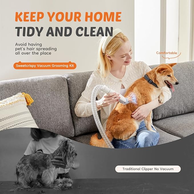 Sweetcrispy 2.5L Cup Professional Pet Grooming Vacuum Kit, 3 Suction Modes and 5 Groomer Tools with Cordless Low Noise Dog Clippers for Cats, Other Animals Hair Trimmer