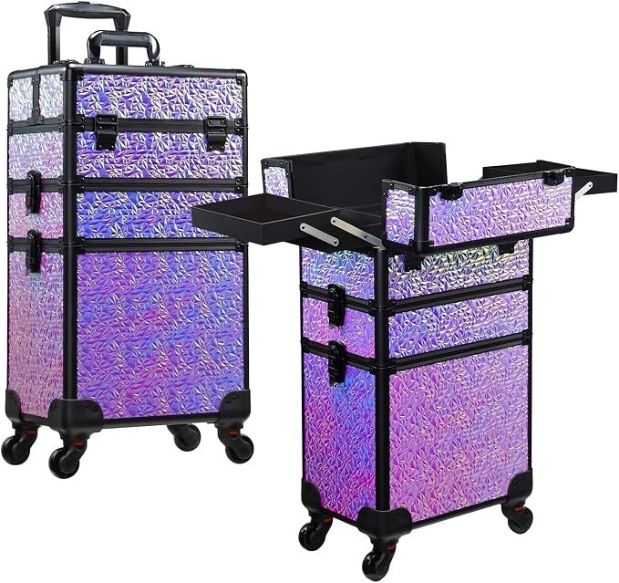 3 in 1 Rolling Makeup Train Case Professional Cosmetic Trolley Large Storage with Keys Swivel Wheels Salon Barber Case Traveling Cart Trunk for Make Up Hairstylists Nail Tech, Shiny Purple