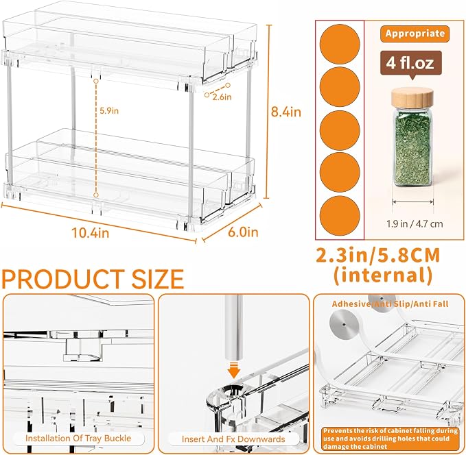 2 Tier Sliding Spice Racks for Cabinets,2 Pack 10.4'' Deep Narrow Vertical Spice Rack Pull Out for Inside Cabinets,Kitchen,Pantry,Cupboard Seasoning,Jar Organizer and Medicine Cabinet Storage