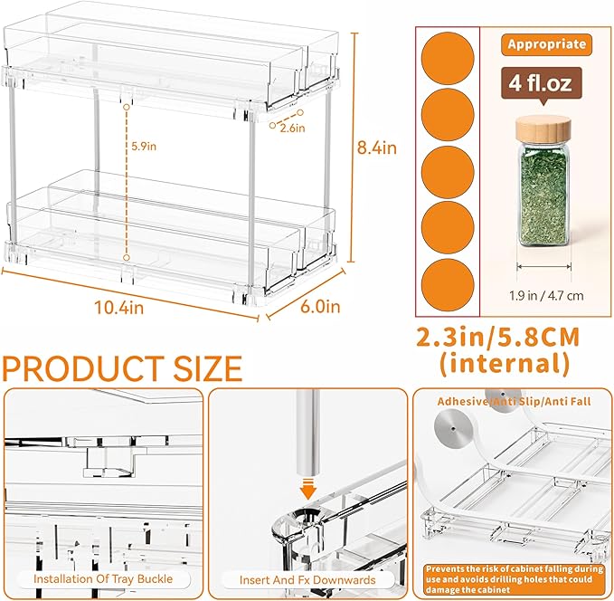 2 Tier Sliding Spice Racks for Cabinets,1 Pack 10.4'' Deep Narrow Vertical Spice Rack Pull Out for Inside Cabinets,Kitchen,Pantry,Cupboard Seasoning,Jar Organizer and Medicine Cabinet Storage