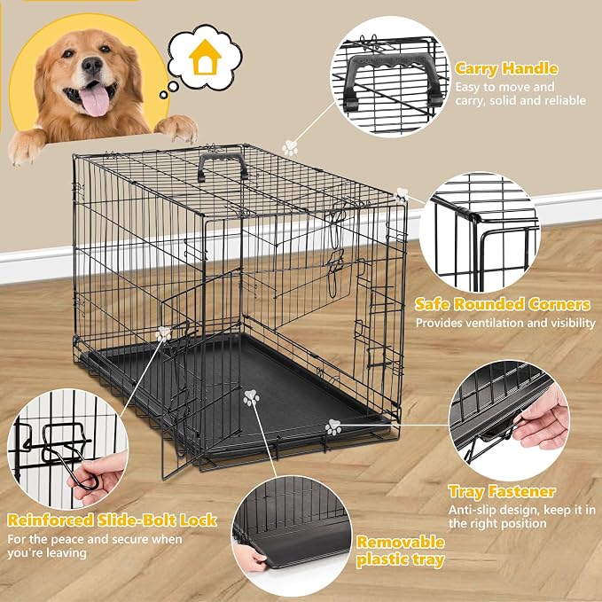Large Dog Crate 42 Inch, Metal Wire Foldable Dog Cage Kennel | Double Door, Secure Lock, Plastic Leak-Proof Pan Tray, Indoor Outdoor Training Pet