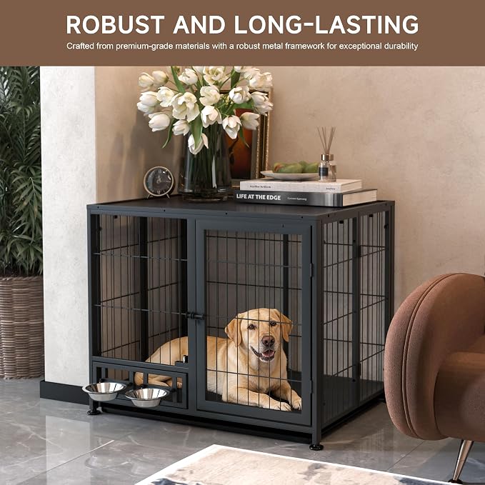 Heavy Duty Dog Crate for Small Dogs, 3 in 1 32.7" Foldable Collapsible Dog Kennel & Playpen with Lockable Wheels & Feeding Bowls, Escape Proof Metal Dog Cage for Indoor Outdoor Use, Black