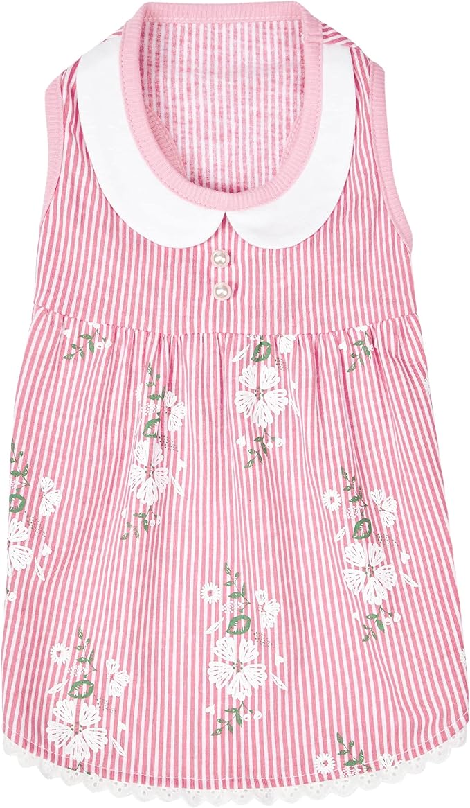 Blueberry Pet Wonderland Floral Sleeveless Dog Dress in Pink Stripe with Peter Pan Collar, Back Length 16", Pack of 1 Clothes for Dogs