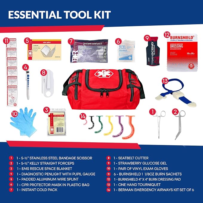 Fully Stocked Trauma First Aid Kit – First Responder II Bag with Tools, Gauze, Bandages, Scissors & Gloves – Compact & Portable – OSHA and ANSI Compliant – Red