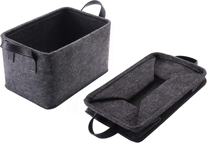 Collapsible Storage Bins Foldable Felt Fabric Storage Basket Organizer Boxes Containers with Handles PU Handles for Nursery Toys,Kids Room,Clothes,Towels,Magazine (PU-Dark grey, 15.9L×11W×9.8H)