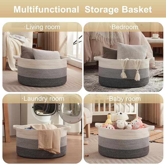 OIAHOMY 105L Extra Large Blanket Basket - Decorative Cotton Rope Storage Basket for Bedroom, Living Room & Nursery - Woven Laundry Hamper for Organizing Blankets, Clothes & Toys - Gradient Grey