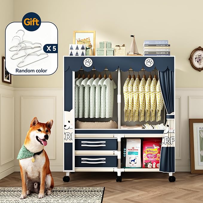 Large Portable Armoire Wardrobe Closet with 4 Hanging Rods and Lockers,Metal Storage Wardrobe Clothes Rack with Dust Cover for Clothes,16.7 in Wide,Bedroom,Gray (Navy Blue, 33.5 in)