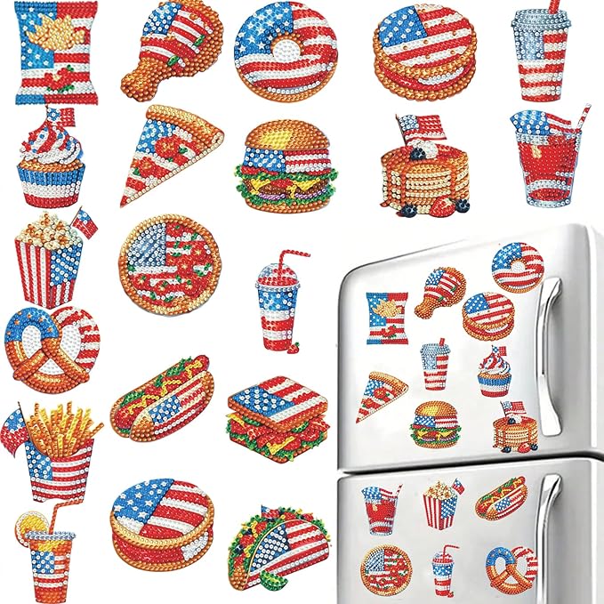 20pcs Independence Day Food 2D Diamond Painting Magnets Team Fridge Magnets | Fridge Magnets 20 Pieces Diamond Painting Kit 2D Acrylic PET Magnetic Food Series DIY Art Home Car Decor