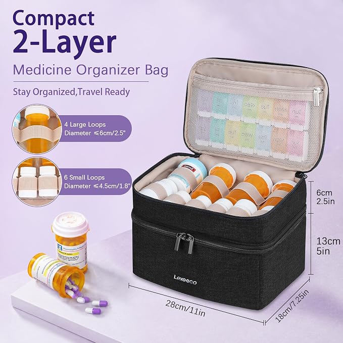 Lexeeco Dual Layers Medicine Pill Bottle Organizer Bag with Lockable Zipper | Portable Medication Bag for Pills,Vitamins,Fish Oil,Medicine Storage Box for College Dorm Student,Home,Large Travel Pill Case