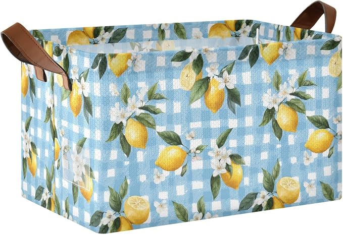 Light Blue Checkered Floral Lemon Storage Basket Foldable Cube Storage Bins with Handles&Label Waterproof Collapsible Organizer Box Bin Large Rectangle Decorative Baskets for Shelves Home Room Laundry