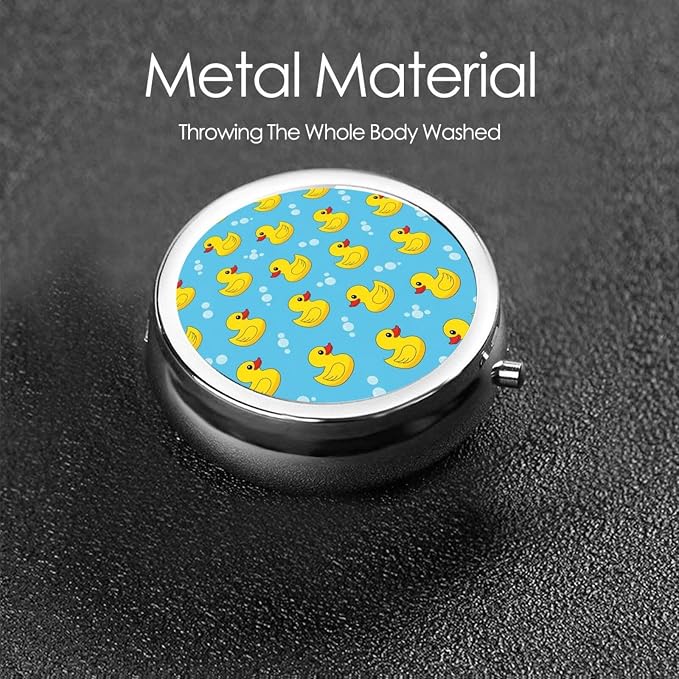 Compact Pill Case, Metal Round Holder for Supplements, Purse Pocket Organizer Travel Essential, Yellow Rubber Ducks Soap Bubbles Blue