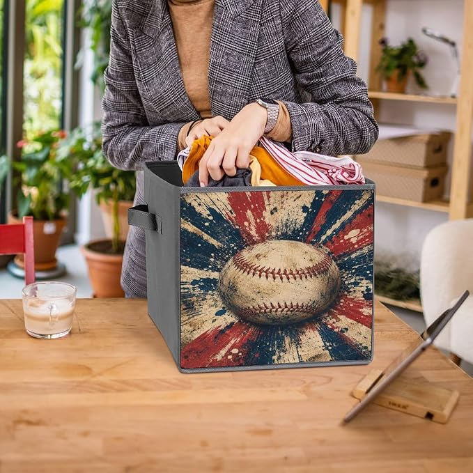 Baseball Vintage Grunge Art Storage Bin with Handles, Oxford Fabric Foldable Storage Cube Organizer for Clothes, Towels, Bedroom, Living Room, Home Organization
