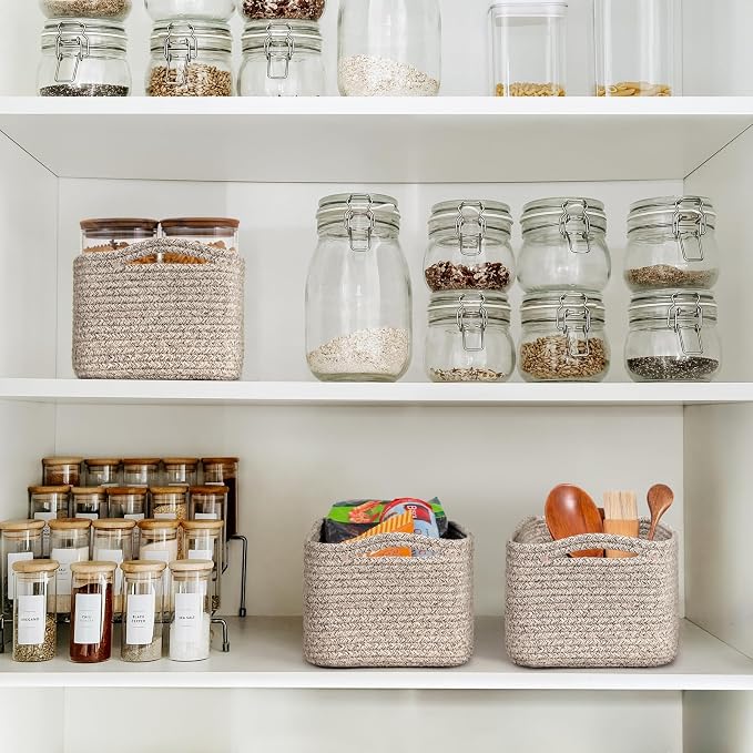 Goodpick 3-Pack Rope Storage Baskets for Closet Organizing, 13 x 8 x 5 | Woven Baskets for Shelves Fit Bedroom Lving Room, Large Baskets for Gift Empty, Dog Toy Basket for Pets, White & Brown