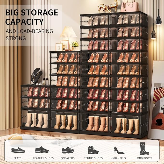 CIMLORD 9-Tier Foldable Shoe Rack, Magnetic Clear Doors, 36 Pairs, Black | Collapsible Large Plastic Shoe Cabinet, Stackable, Lidded, Tool-Free Assembly, Fits Boots & Sneakers, Closet & Entryway